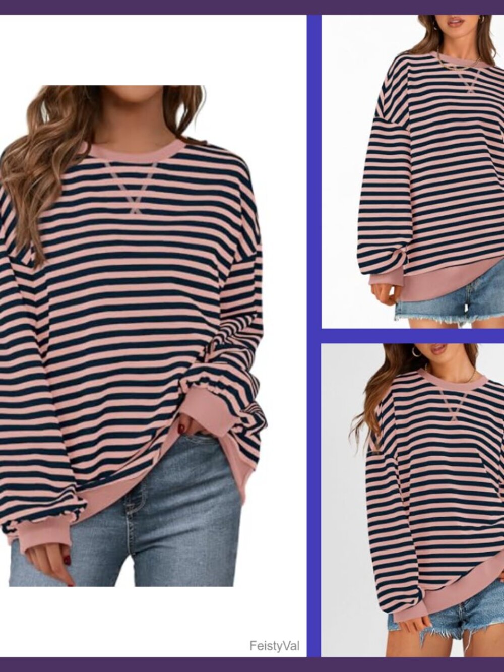 Oversized Striped Crewneck Sweatshirt Cotton Blend Long Sleeve Pullover
